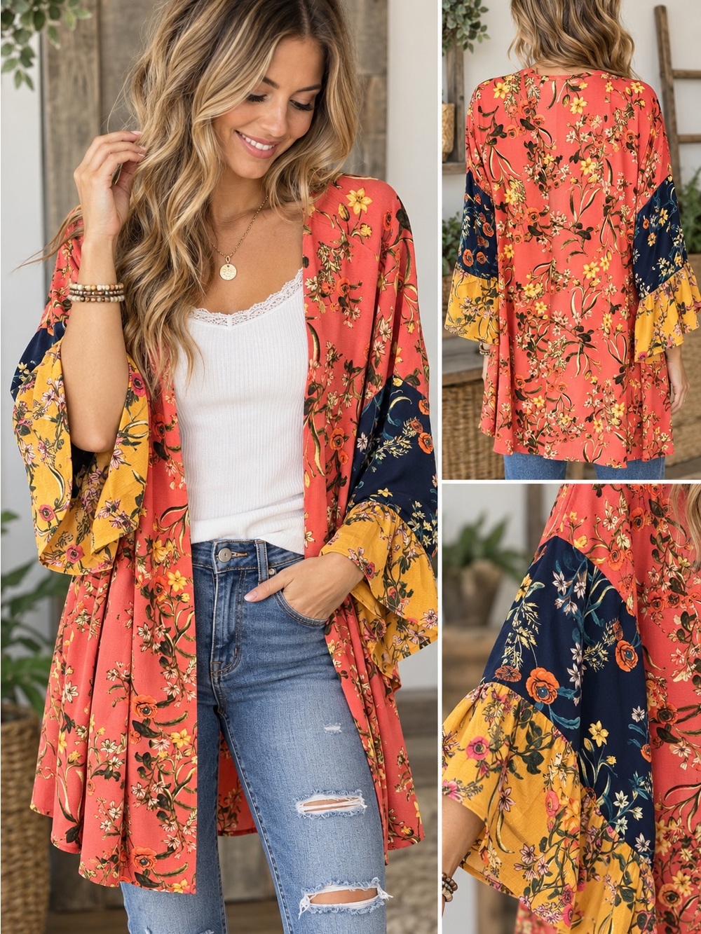 Umgee Coral Floral Colorblock Kimono with Navy & Mustard Accents